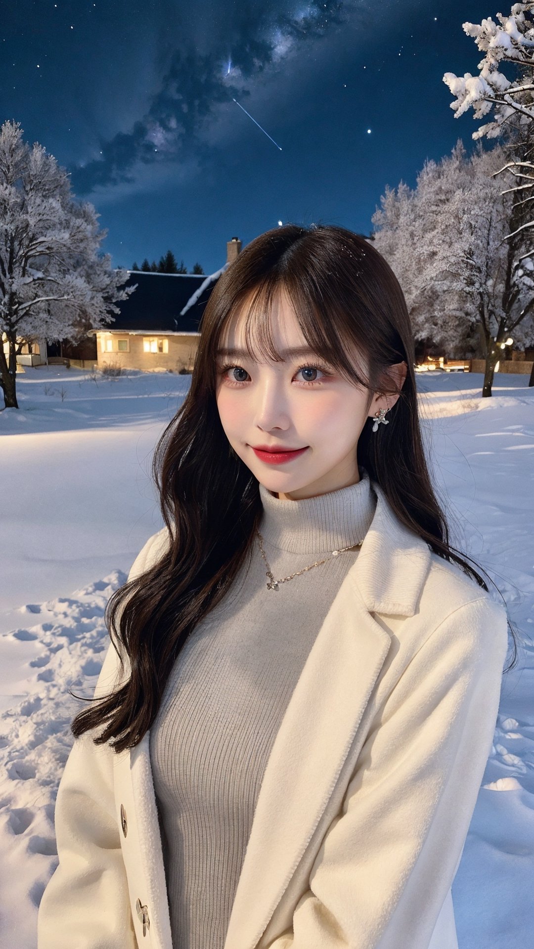 A woman, adorned in a white long coat with earrings, necklace, and a grey turtleneck wool top, boasts long slender hair, a graceful figure, and a charming face. Her rosy cheeks sport a subtle smile. Beneath the night sky adorned with the Milky Way, snow falls gently upon the rural landscape. She stands there, portraying elegance and beauty, the full length of her form on display.