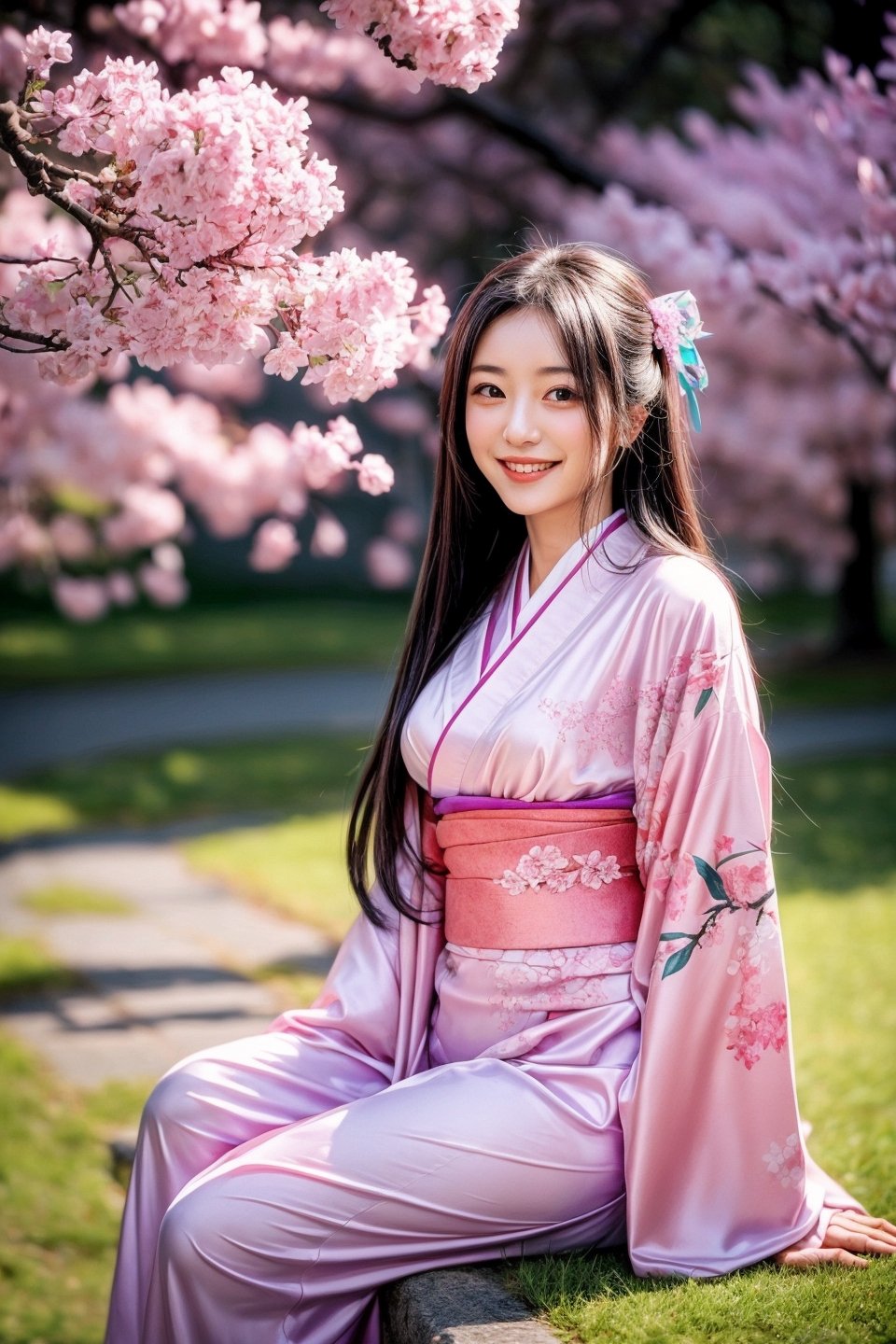 sit under Yoshino Cherry tree, blown , pink purple kimono, smile, 3/4 pose, night, long straight hair,