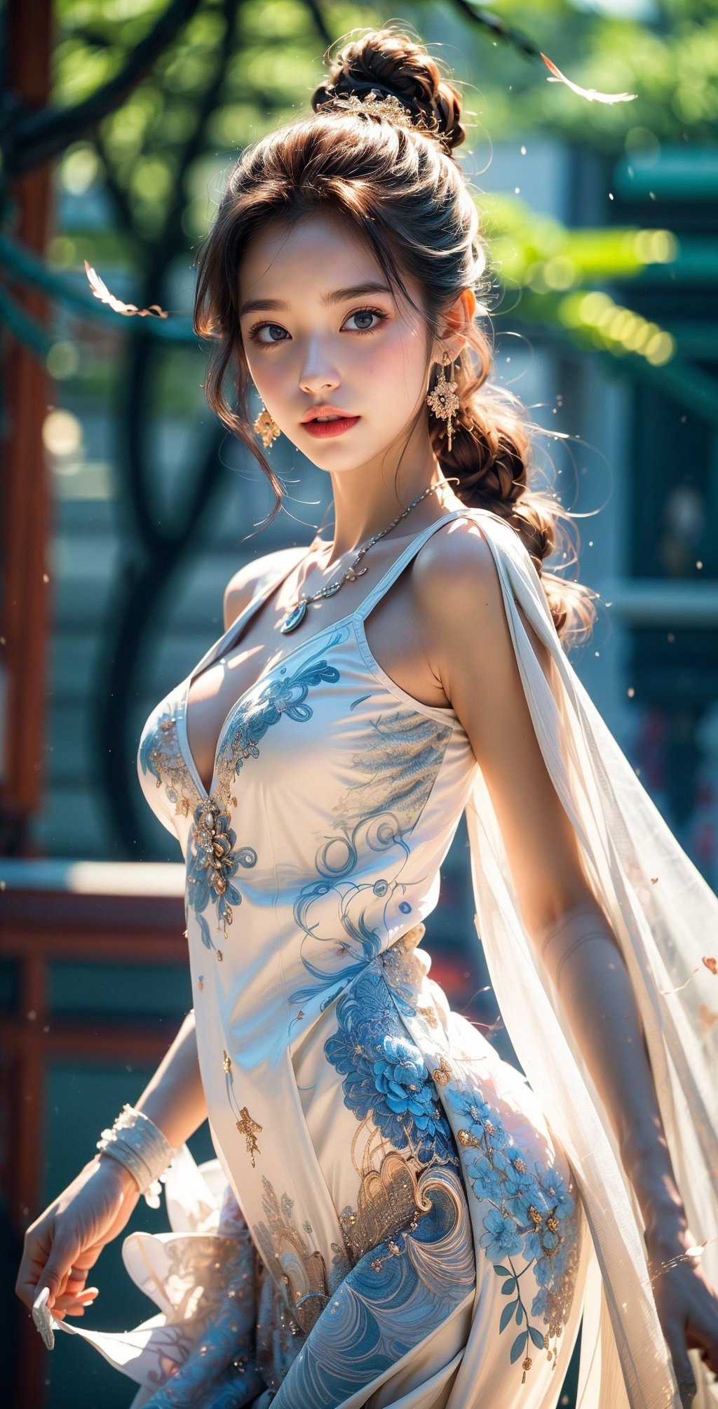 (extremely detailed CG unity 8k wallpaper),(((masterpiece))), (((best quality))), ((ultra-detailed)), (best illustration),(best shadow), ((an extremely delicate and beautiful)),dynamic angle,floating, solo,((1girl)),{long wavy curly hair},expressionless,((white idol dress)), anglesailor dress,(detailed wet clothes),silk shawl,bikini,underboob, frills,cute anime face,blush,(beautiful detailed eyes), (detailed light),feather, nature, (sunlight), river, (forest),(((floating palace))),beautiful and delicate water,(painting),(sketch),(bloom),(shine),