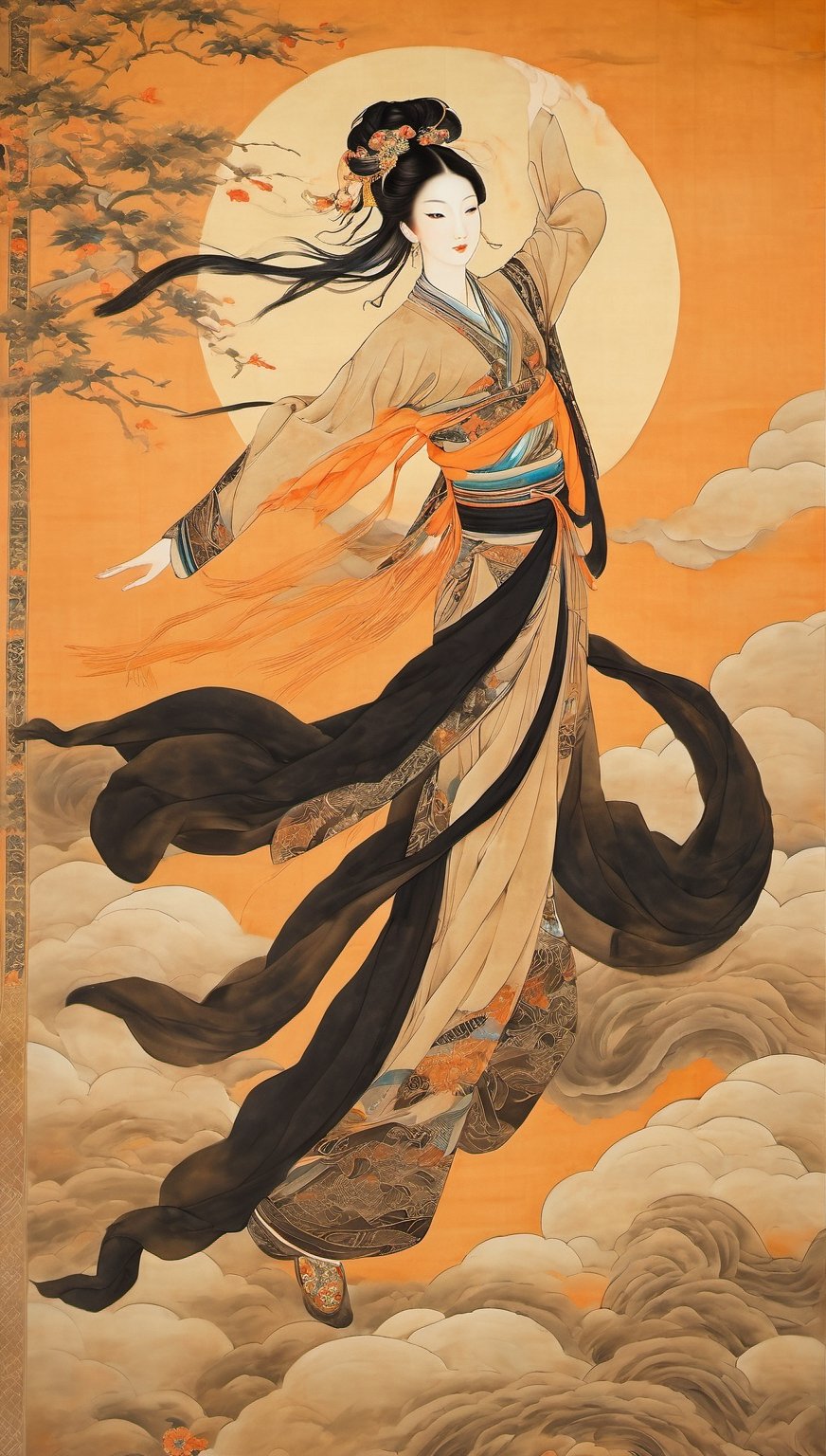 Beige ancient background, Chinese gongbi painting style, image style of Dunhuang Flying Goddess, flying in the sky, orange Hanfu silk top, front view, full body view, wearing black pantyhose