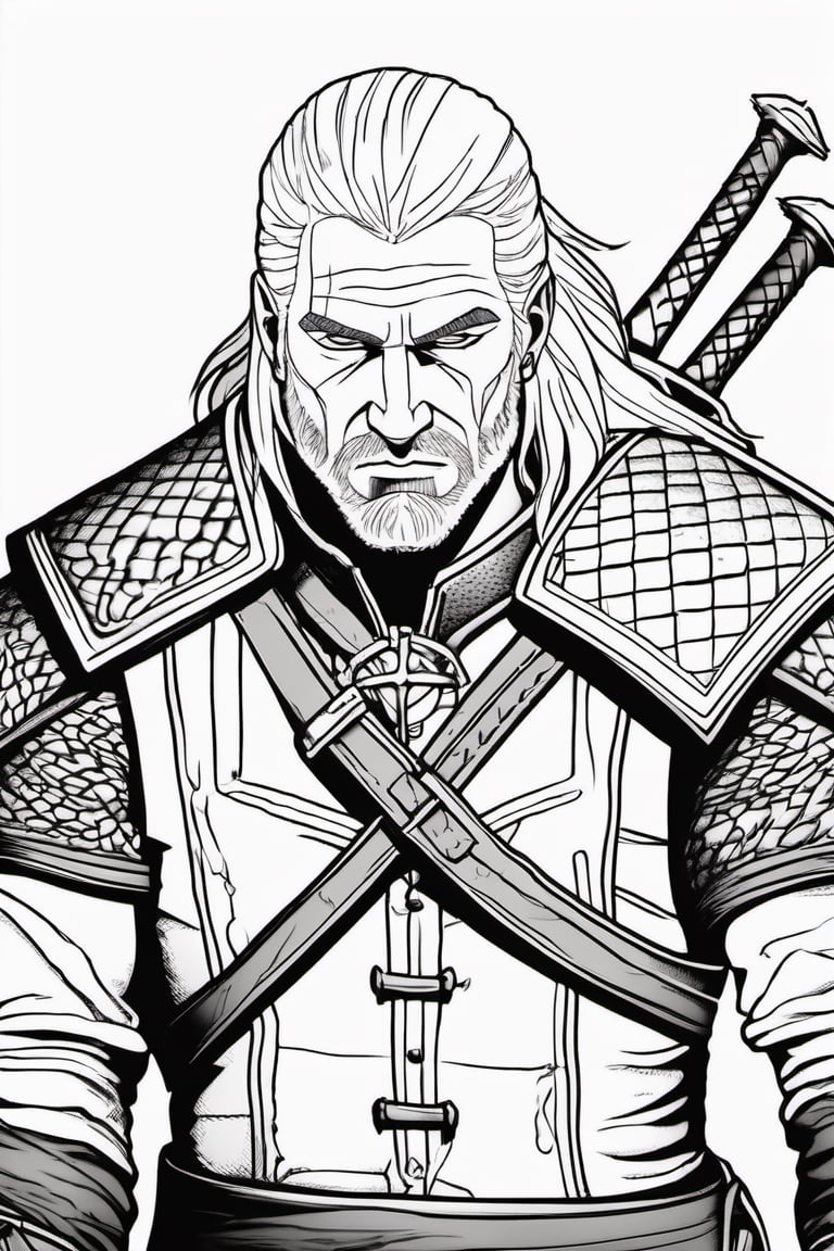 Clean coloring book pages of Geralt of Rivia, black and white