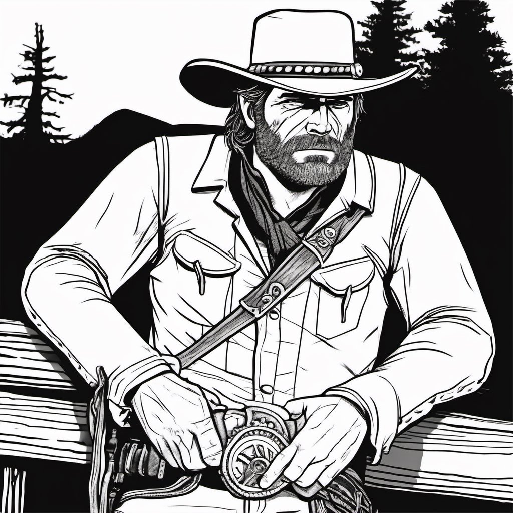 Clean coloring book pages of Red Dead Redemption 2's Arthur Morgan, black and white