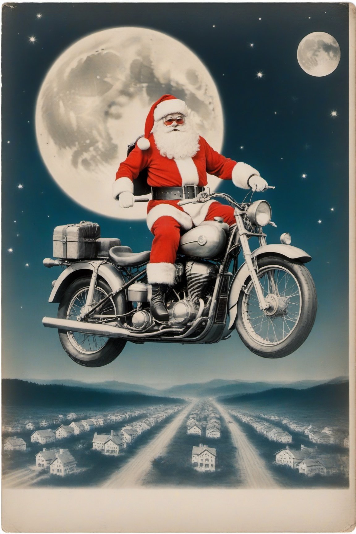 Santa Claus, wearing night vision goggles, riding a motorcycle, wearing a red Superman suit and a Santa hat, is flying in the sky. The huge moon is in the center of the picture. At night, there is a town at the bottom of the picture.