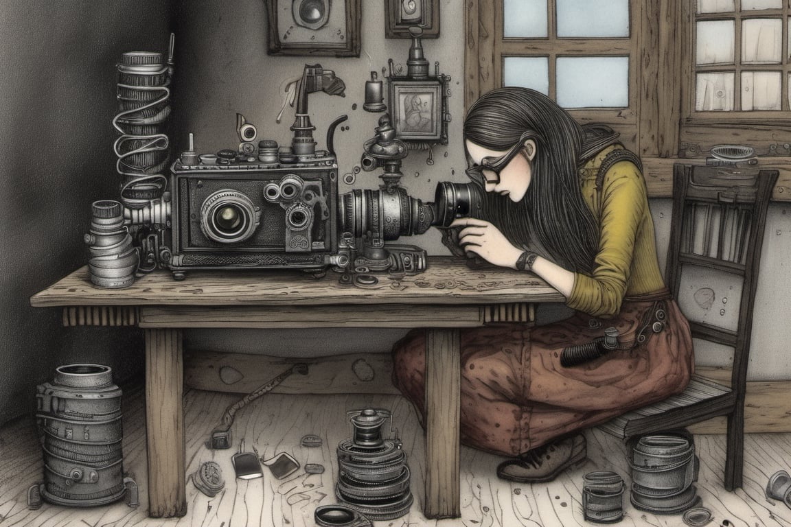 woman sitting at a smal table repairing a Camera , dripping paint,Edward Gorey Style page, camera parts on the ground, springs and machine gears around, steampunk glasses