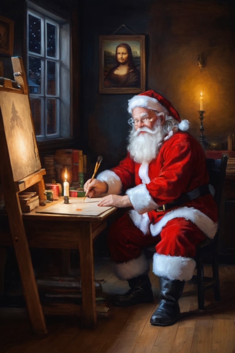 Santa Claus is painting in the study room. On the painting board is the Mona Lisa, candles, windows, retro wooden house and floor, night