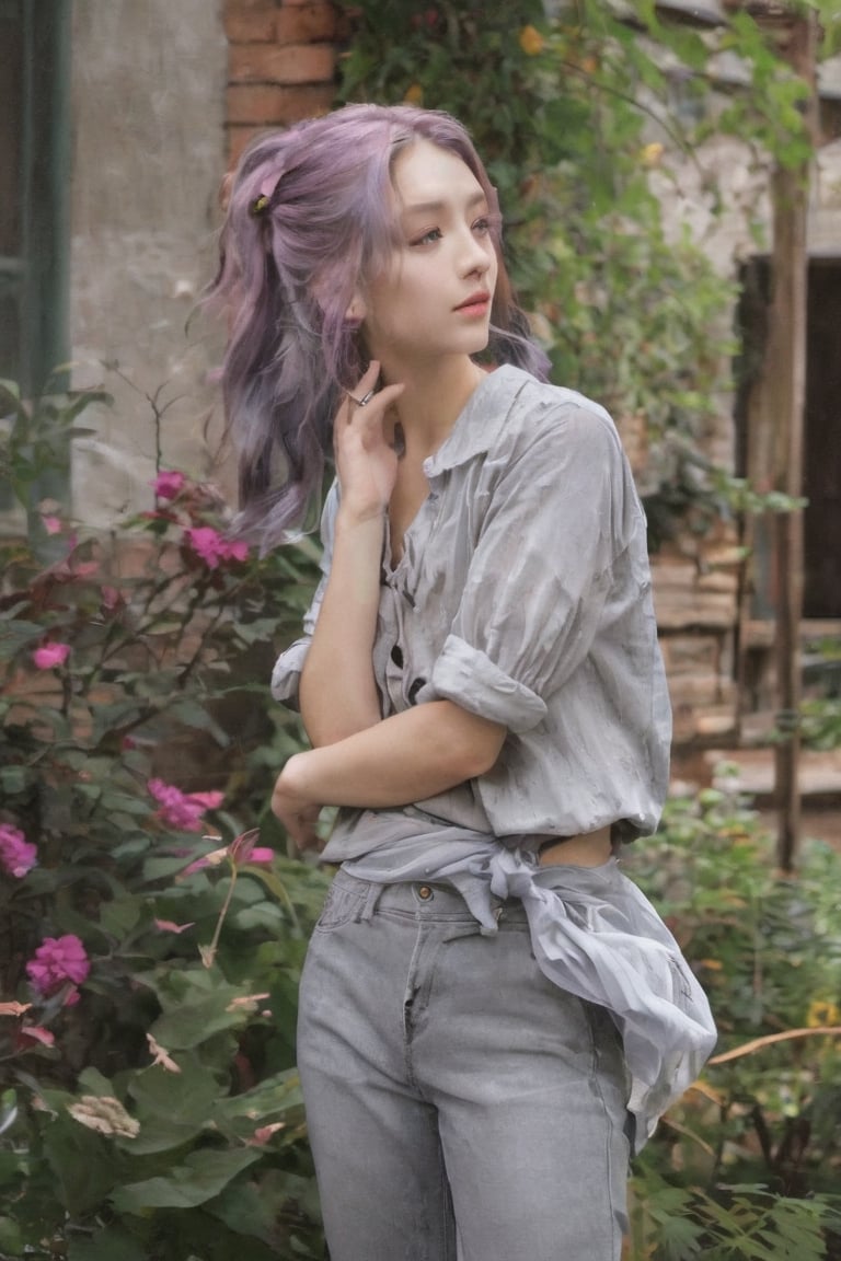 Roman girl, gray short shirt, garden, spring, jeans, ponytail, purple and gold hair, side view