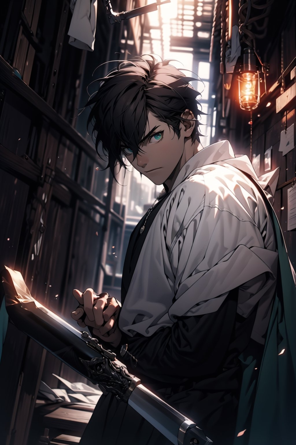 (masterpiece), best quality, high resolution, highly detailed, detailed background, cinematic light, male,1 boy (muscular body)  Blunt weapon in both hands, brown eyes, resistance, background (sunset, storm, green tones, room, shadows, medieval atmosphere)