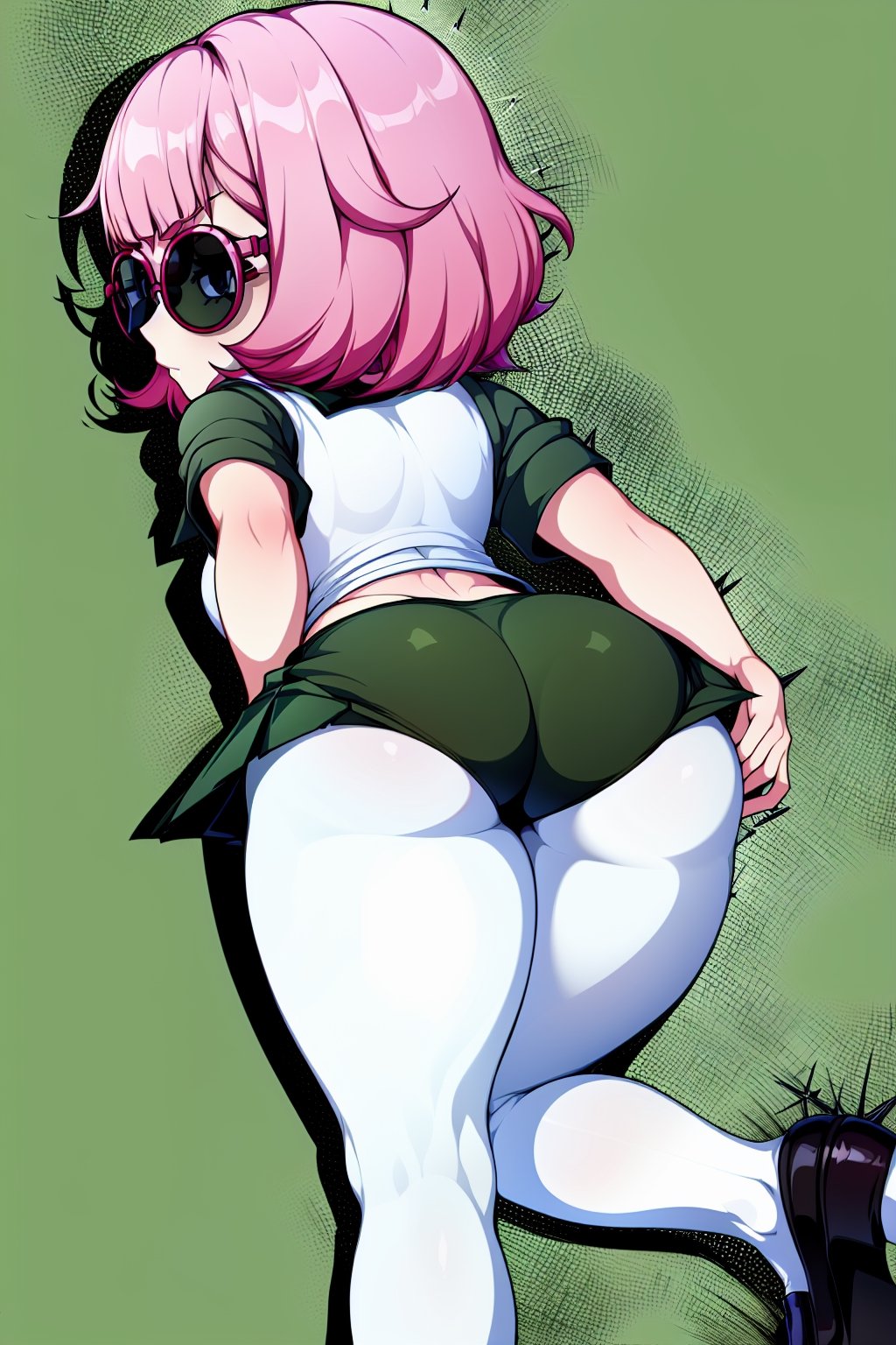 1 girl, solo, Saiki Kusuo, pale pink hair, disheveled hair, sharp hair, short hair, spiky hair, prickly bangs, emotionless face, calm face, no emotions, cold face, Japanese school uniform, short green skirt, white shirt with short arms, green shirt collar, oval glasses, thin-rimmed glasses, black frames, matte lenses, the eyes are not visible behind the lenses of the glasses, white stockings, black flat shoes, perfect body, plump ass, tight ass, sexy ass, perfect ass, slim waist, thin shoulders, small breasts, moist skin, perfect body, abs, detailed intimate places, slim hips, elastic hips,

,