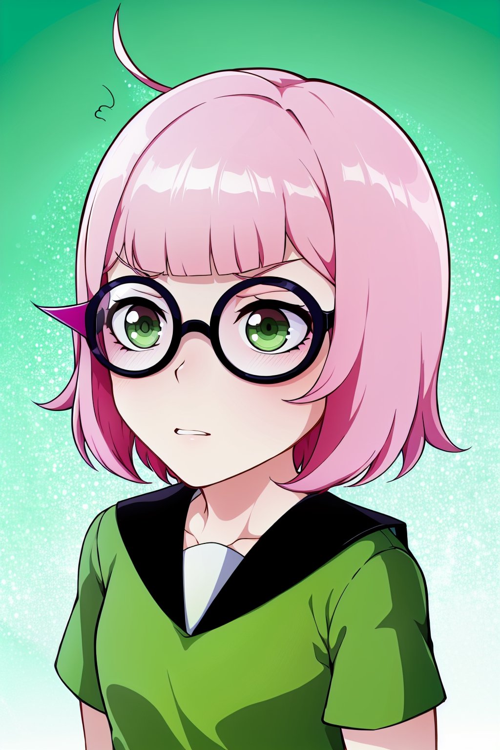 1 girl, solo, Saiki Kusuo, pale pink hair, disheveled hair, sharp hair, short hair, spiky hair, prickly bangs, emotionless face, calm face, no emotions, cold face, Japanese school uniform, short green skirt, white shirt with short arms, green shirt collar, oval glasses, thin-rimmed glasses, black frames, matte lenses, the eyes are not visible behind the lenses of the glasses,

,