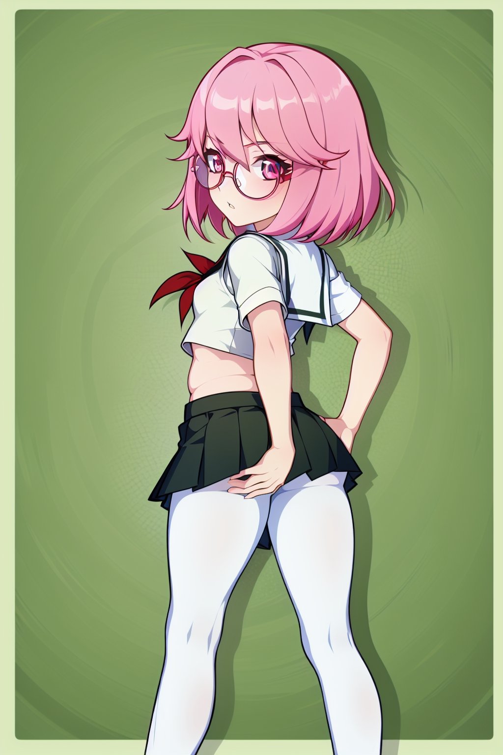 1 girl, solo, Saiki Kusuo, crimson eyes, pale pink hair, disheveled hair, sharp hair, short hair, spiky hair, prickly bangs, emotionless face, calm face, no emotions, cold face, Japanese school uniform, short green skirt, white shirt with short arms, green shirt collar, oval glasses, thin-rimmed glasses, black frames, matte lenses, the eyes are not visible behind the lenses of the glasses, white stockings, black flat shoes, perfect body, plump ass, tight ass, sexy ass, perfect ass, slim waist, thin shoulders, small breasts, moist skin, perfect body, abs, detailed intimate places, slim hips, elastic hips,

,