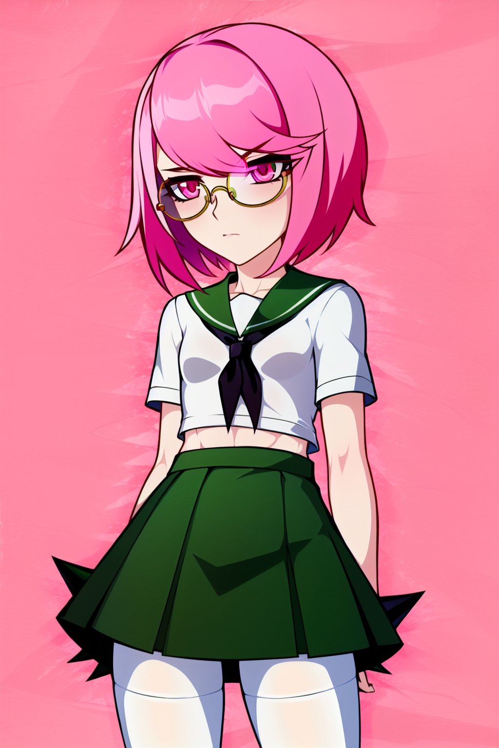 1 girl, solo, Saiki Kusuo, crimson eyes, pale pink hair, disheveled hair, sharp hair, short hair, spiky hair, prickly bangs, emotionless face, calm face, no emotions, cold face, Japanese school uniform, short green skirt, white shirt with short arms, green shirt collar, oval glasses, thin-rimmed glasses, black frames, matte lenses, the eyes are not visible behind the lenses of the glasses, white stockings, black flat shoes, perfect body, slim waist, thin shoulders, small breasts, moist skin, perfect body, abs, slim hips, elastic hips,

,USA,Mrploxykun