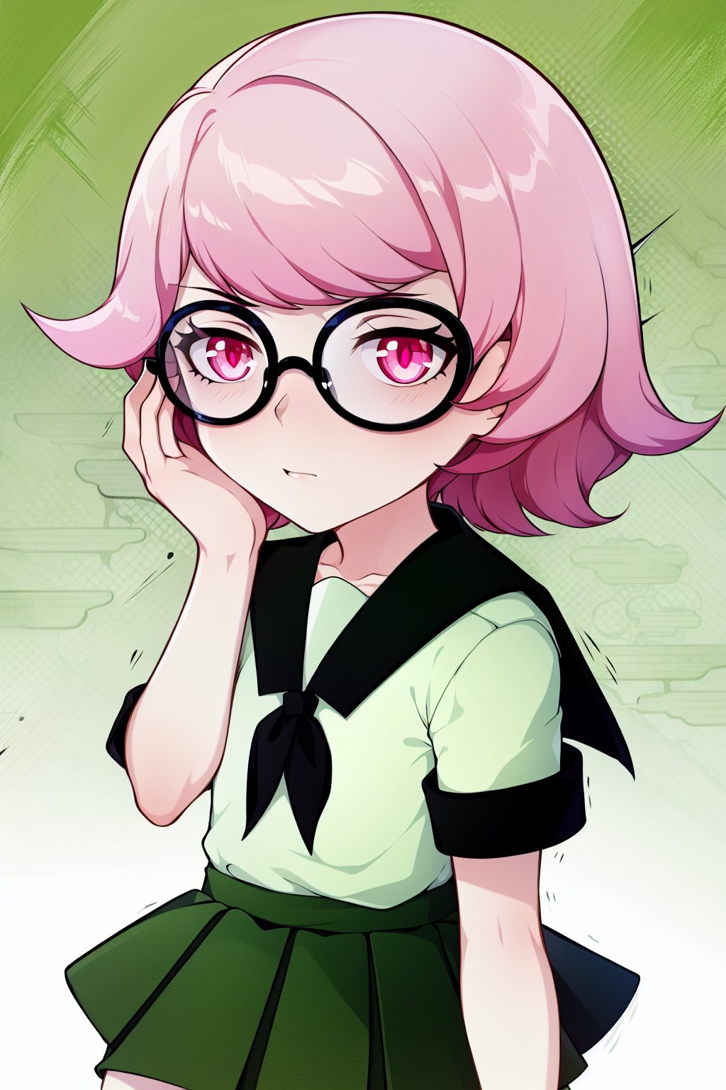 1 girl, solo, Saiki Kusuo, pale pink hair, disheveled hair, sharp hair, short hair, spiky hair, spiky bangs, crimson eyes, emotionless face, calm face, no emotions, cold face, Japanese school uniform, short green skirt, white shirt with short arms, green shirt collar, oval glasses, thin-rimmed glasses, black frame,

,