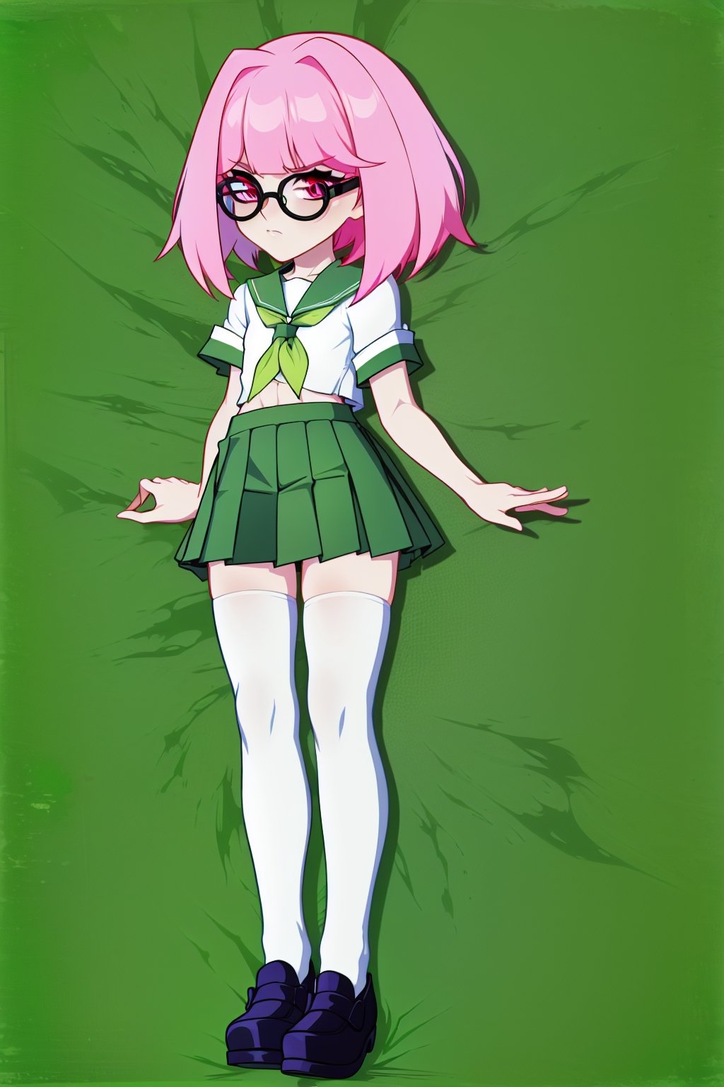 1 girl, solo, Saiki Kusuo, crimson eyes, pale pink hair, disheveled hair, sharp hair, short hair, spiky hair, prickly bangs, emotionless face, calm face, no emotions, cold face, Japanese school uniform, short green skirt, white shirt with short arms, green shirt collar, oval glasses, thin-rimmed glasses, black frames, matte lenses, the eyes are not visible behind the lenses of the glasses, white stockings, black flat shoes, perfect body, slim waist, thin shoulders, small breasts, moist skin, perfect body, abs, slim hips, elastic hips,

,USA,Mrploxykun