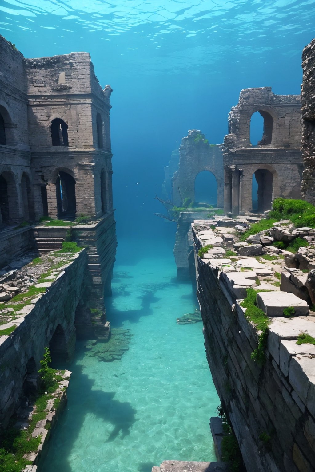 ancient ruins underwater, (in the distance, from afar), abyss,  highly detailed, photo realistic, realism, raw photo,