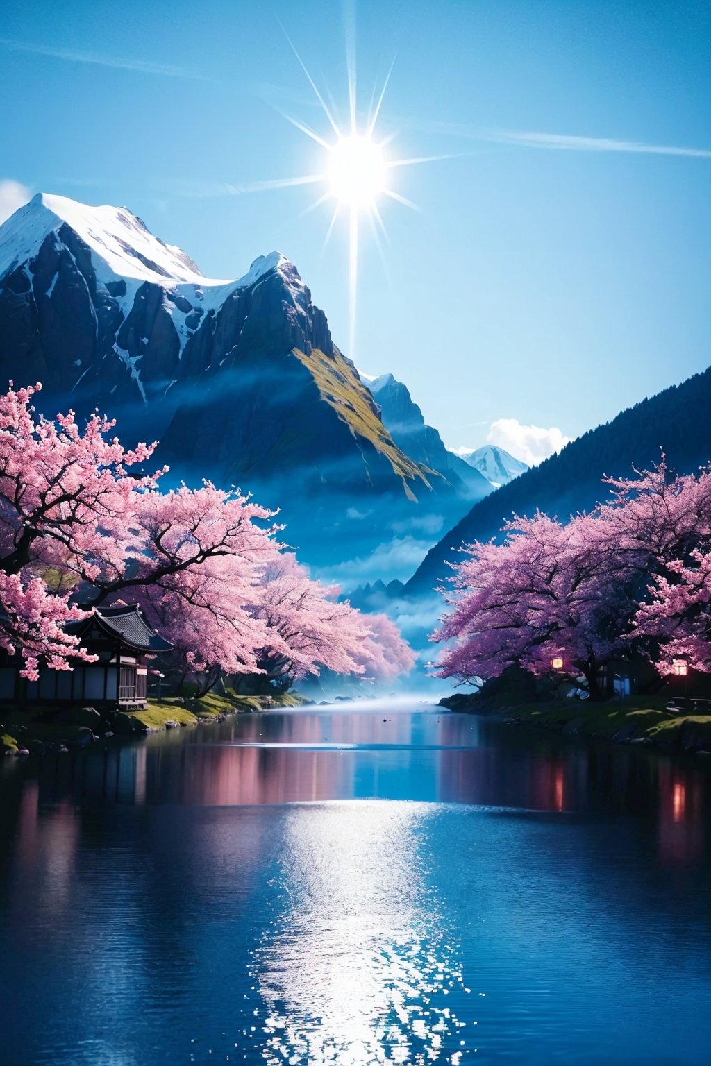 (ultra high res:1.4), (masterpiece), (beautiful lighting:1.4) , lush greenery and mountains, japanese buildings, thick fog in the valley, cherry trees blossoming, Bright sunlight illuminates the crystal-clear water, anime, beautiful sky with clouds, depth, chinese dragon flying,