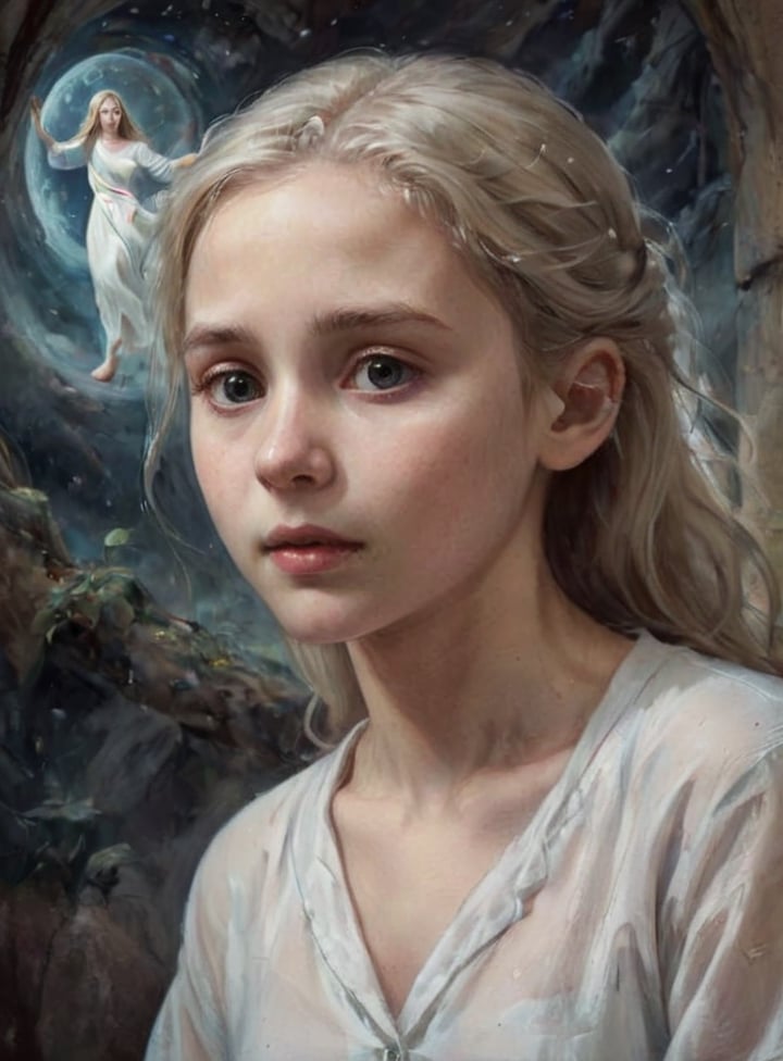 pale_skinned 9yo girl wearing white_nightshirt, hovering above floor, art by Tomasz Alen Kopera, ghostly presence, low_key backdrop, carefree pale hair, morbid air, innocent face, ((half_profile_view)), realistic proportions, realism oil painting