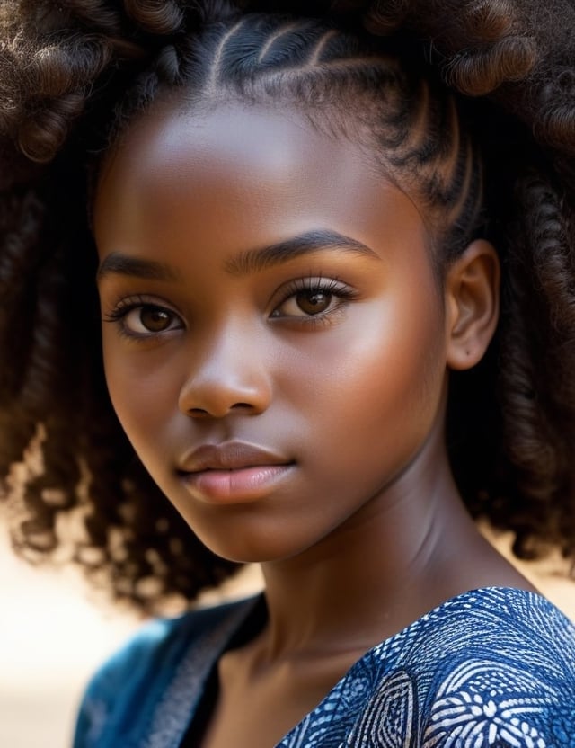 Create a compelling canvas artwork using a brush, featuring a 15-year-old girl from Mozambique. Capture the intricate details of her deep black skin tone and her tightly coiled, dry curls. The composition should focus on a close-up of her face, emphasizing the unique texture of her hair and the richness of her complexion. Utilize meticulous brushwork to convey the subtleties of her features, ensuring a lifelike and expressive portrayal.

