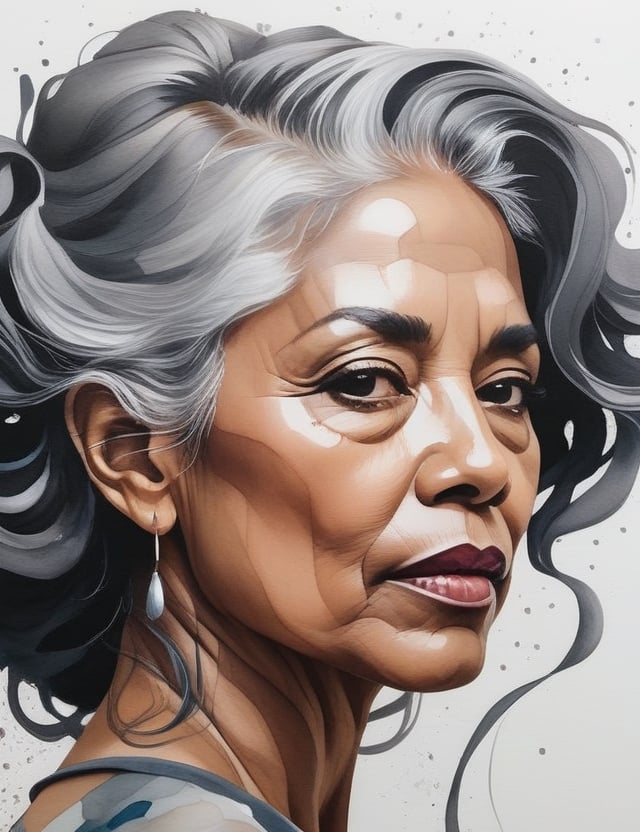 Create an intricate gouache painting artwork, portraying a 55-year-old Brazilian woman with wavy and voluminous gray hair. Focus on a close-up of her face, intricately capturing details in the style of gouache painting. Draw inspiration from the intricate details and expressiveness in gouache paintings by Agnes Cecile, the softness and color harmony in gouache works by Chloe Giordano, and the technique and realism in gouache paintings by Marco Mazzoni. Craft a superior gouache painting that seamlessly blends these influences into an outstanding portrayal.

