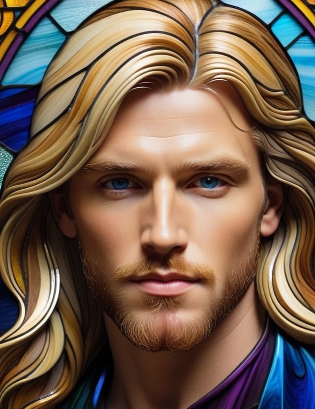 Craft an intricate stained glass artwork featuring a 30-year-old English man with fair skin and long, flowing blonde hair. The focus is on a close-up of his face. Utilize the vibrant and translucent qualities of stained glass to intricately capture every nuance. Create a superior stained glass art piece that vividly showcases the unique features of his appearance.

