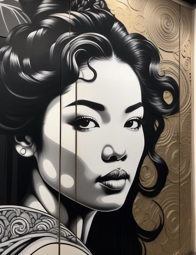 Create an intricate graphite artwork on an urban wall, portraying a 30-year-old Asian woman with curly, black hair. Focus on a close-up of her face, intricately capturing details in the style of urban wall art. Draw inspiration from the intricate details and expressiveness in urban art by Banksy, the richness of details and vibrant colors in the works of Obey Giant, and the fusion of realism and abstraction in the urban creations of Swoon. Craft a superior graphite mural that seamlessly blends these influences into an outstanding portrayal.

