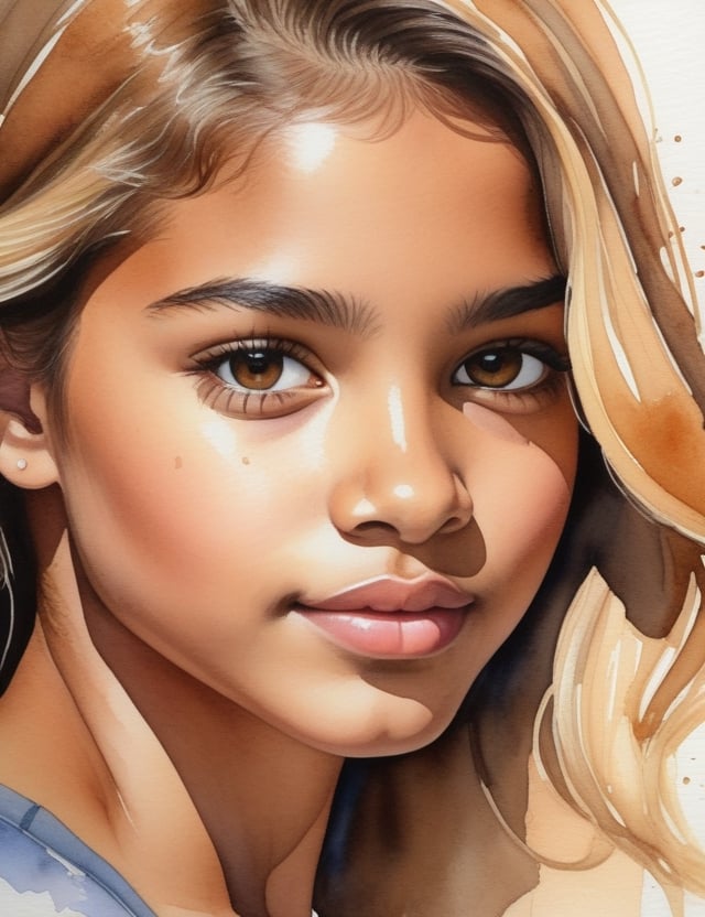 Create a detailed watercolor painting capturing the essence of a 17-year-old Spanish girl. Emphasize her caramel skin tone, short, straight, blonde hair, and focus on a close-up of her face.

