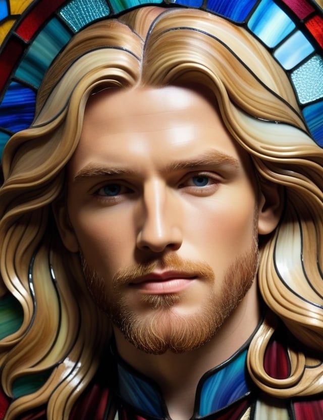 Craft an intricate stained glass artwork featuring a 30-year-old English man with fair skin and long, flowing blonde hair. The focus is on a close-up of his face. Utilize the vibrant and translucent qualities of stained glass to intricately capture every nuance. Create a superior stained glass art piece that vividly showcases the unique features of his appearance.

