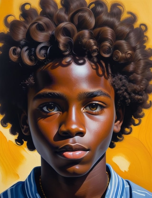 Craft a captivating gouache artwork, portraying a 15-year-old African boy with dark skin and curly hair. The focus is on a close-up of his face. Utilize the opaque and vibrant nature of gouache to intricately capture every nuance. Create a superior gouache art piece that vividly showcases the unique features of his appearance.

