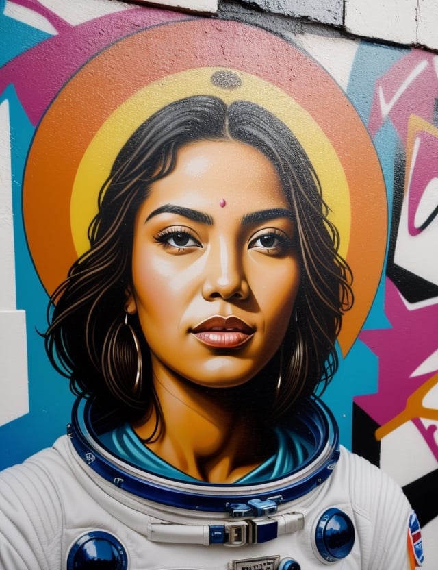 "Craft an urban graffiti artwork portraying a stunning 20-year-old Mexican woman. Capture the vibrancy of her light brown complexion and the allure of her short, caramel-colored, slightly wavy hair. She wears a space suit, and the artwork should focus on a frontal, close-up view of her face. Draw inspiration from graffiti artists like Banksy, Os Gêmeos, and Shepard Fairey, known for their ability to create impactful and visually striking works in urban settings."

