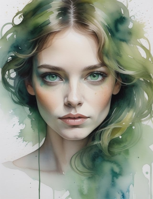 Create a captivating watercolor splash art on canvas featuring a 40-year-old European woman. Her fair skin, green eyes, and slightly curly, wavy hair should be depicted in a close-up of her face. Infuse the artwork with the intricate details reminiscent of Agnes Cecile's watercolor technique, ensuring superior quality and extreme attention to facial features. Channel the essence of Anna Cattish's portraiture for a unique blend of realism and emotion, inspired by the exquisite and detailed style of Helene Delmaire.

