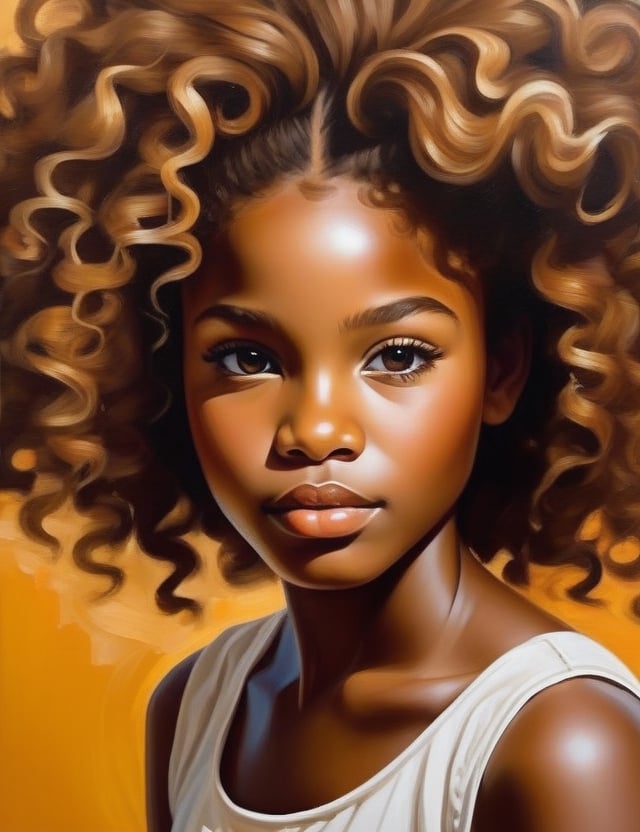 Paint a canvas artwork with a brush featuring a 14-year-old African girl. Capture the intricate details of her caramel-toned skin and her tightly coiled, dry curls. The composition should be a close-up of her face, emphasizing the unique texture of her hair and the warmth of her complexion. Use delicate brushstrokes to convey the subtle nuances of her features, creating a lifelike and expressive portrayal.

