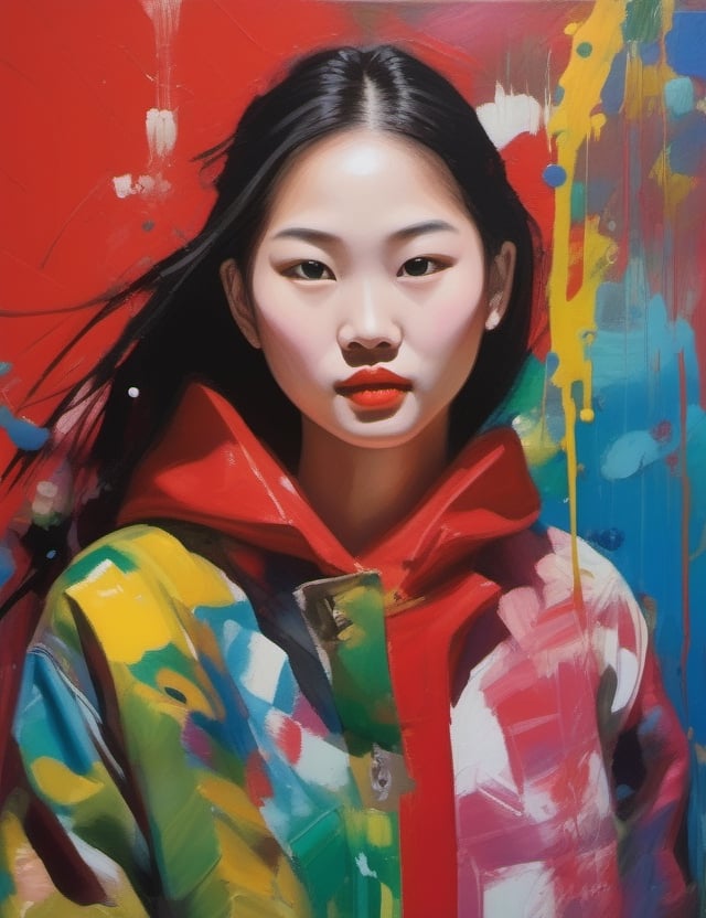 "Immerse the canvas in the vibrant energy of a 15-year-old Chinese girl in a lively splash painting. Capture the dynamic details of her fair complexion, full lips adorned with red lipstick, and the essence of her wearing a cold weather jacket in a chilly city during a trip. Craft a close-up of her face to emphasize the vividness of her features. Draw inspiration from splash artists like Sam Francis, Holton Rower, and Hua Tunan, known for their ability to infuse life and movement through bold use of color."

