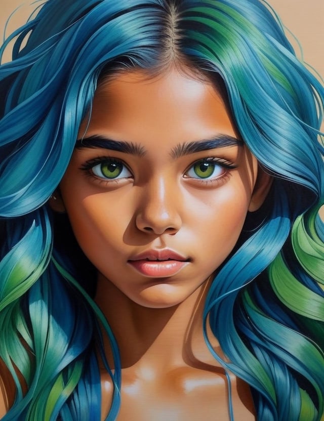 Craft an expressive gouache artwork on canvas featuring a 15-year-old Australian girl. Emphasize her caramel skin tone, green eyes, and tightly curled, cohesive blue hair in a close-up of her face. Infuse the expressive details reminiscent of Karla Ortiz's dynamic gouache techniques, ensuring superior quality and extreme attention to facial features. Capture the vibrancy seen in Helice Wen's portraits for a unique blend of color and emotion, drawing inspiration from the detailed technique of Audra Auclair to deliver a captivating and detailed artistic representation.

