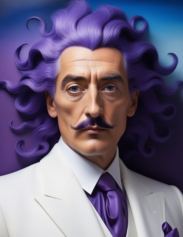 "Craft a surrealistic masterpiece portraying a 30-year-old American man. Envision his fair complexion, long straight hair with purple tips, and the dazzling white suit he wears. Create a close-up of his face with dreamlike details. Draw inspiration from surrealists like Salvador Dalí, René Magritte, and Leonora Carrington, renowned for their ability to transport viewers into fantastical realms through imaginative and dreamy art."

