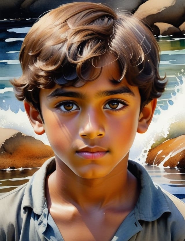 Create a mesmerizing watercolor splash artwork on canvas featuring a 15-year-old Arab boy. His skin tone is pale, eyes a rich chestnut brown, and his short, wavy hair adds character. Capture a close-up of his face with utmost intricacy and superior quality, ensuring the details are extreme. Incorporate the emotive style reminiscent of John Singer Sargent, the vibrant dynamism of Winslow Homer, and the soulful expressiveness found in the works of Z.L. Feng.

