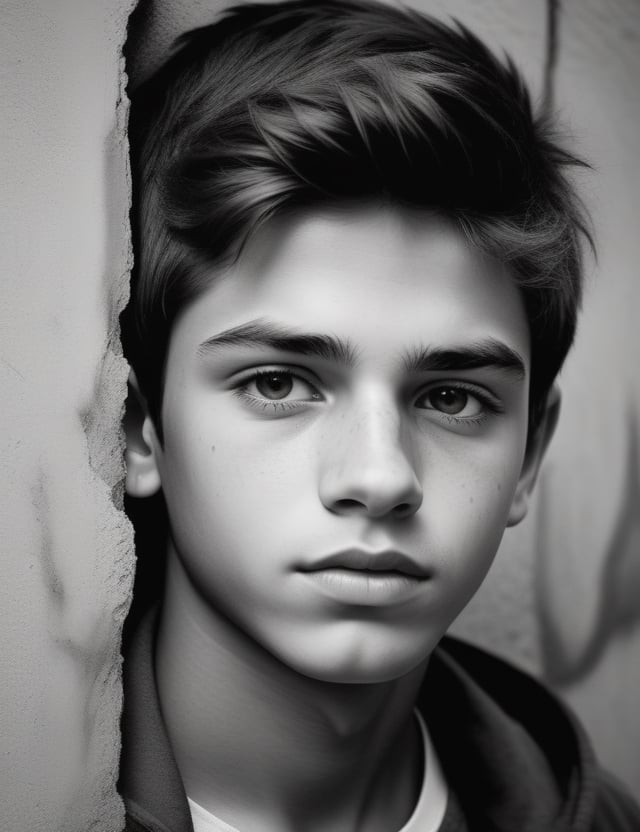 Create a compelling wall graffiti artwork depicting a 16-year-old boy from Argentina using graphite. Pay meticulous attention to detail, portraying his fair skin tone and short, straight hair. The composition should be a close-up of his face, emphasizing the smooth texture of his hair and the delicate features of his complexion. Use the graphite medium to convey the subtleties of his expression, ensuring a lifelike and expressive representation.


