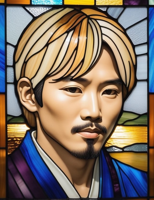 Craft an exquisite stained glass artwork depicting a 40-year-old Japanese man with fair skin and short, blonde hair. The focus is on a close-up of his face. Utilize the vibrant and translucent qualities of stained glass to intricately capture every nuance. Create a superior stained glass art piece that vividly showcases the unique features of his appearance.

