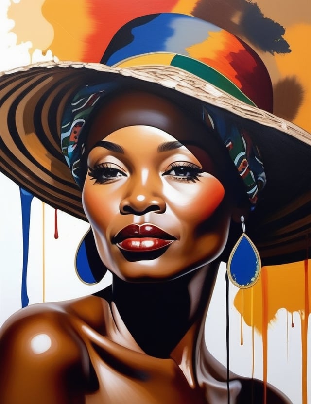 "Capture the timeless elegance of a 60-year-old Nigerian woman in a vibrant splash painting. Infuse the canvas with the dynamic details of her dark ebony complexion, straight yet curly caramel-colored hair, and the serene scene of her wearing a beach hat on the seashore. Create a close-up of her face, emphasizing the richness of her features. Draw inspiration from splash artists like Sam Francis, Holton Rower, and Hua Tunan, known for their ability to evoke emotion and depth through the bold use of color."

