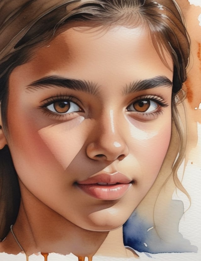 Create a detailed watercolor painting capturing the essence of a 17-year-old Spanish girl. Emphasize her caramel skin tone, short, straight, blonde hair, and focus on a close-up of her face.

