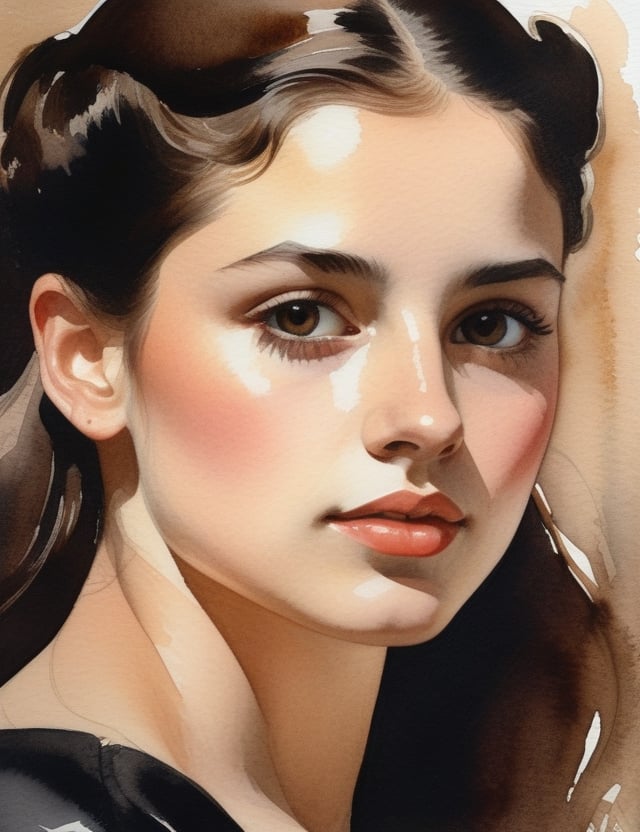 "Craft a watercolor painting portraying a beautiful 19-year-old Brazilian woman. Capture the grace of her light brown complexion, dark brown eyes, and the elegance of her black leather blouse in a close-up of her face. Emphasize soft details to evoke a sense of tropical charm. Draw inspiration from watercolor artists like Winslow Homer, Mary Cassatt, and John Singer Sargent, known for their ability to infuse life and subtlety into their aquarelle works."

