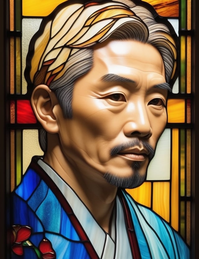 Craft an exquisite stained glass artwork depicting a 40-year-old Japanese man with fair skin and short, blonde hair. The focus is on a close-up of his face. Utilize the vibrant and translucent qualities of stained glass to intricately capture every nuance. Create a superior stained glass art piece that vividly showcases the unique features of his appearance.

