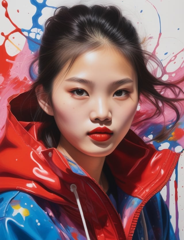 "Immerse the canvas in the vibrant energy of a 15-year-old Chinese girl in a lively splash painting. Capture the dynamic details of her fair complexion, full lips adorned with red lipstick, and the essence of her wearing a cold weather jacket in a chilly city during a trip. Craft a close-up of her face to emphasize the vividness of her features. Draw inspiration from splash artists like Sam Francis, Holton Rower, and Hua Tunan, known for their ability to infuse life and movement through bold use of color."

