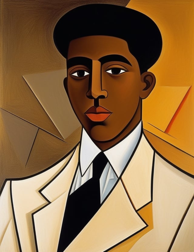 "Create an abstract cubist painting portraying a 15-year-old African boy. Utilize fragmented geometric shapes to capture the essence of his light brown complexion, short and curly hair, and the classic white suit he wears. Focus on a close-up of his face with a joyful smile. Draw inspiration from cubist artists like Pablo Picasso, Georges Braque, and Juan Gris, known for their ability to convey depth and emotion through fractured forms."

