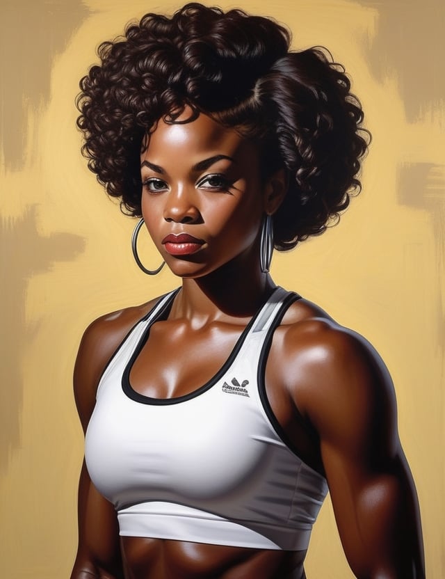 Create a realistic depiction of a beautiful African woman with short, curly hair and a dark black skin tone, wearing gym attire. The background should be set in a gym environment, providing a realistic context. Ensure a (((top-notch quality))) portrayal, paying meticulous attention to (((intricate details))) such as the texture of her short, curly hair, the depth of her facial features, and the natural tones of her dark black skin. Utilize a color palette that complements the vibrant and energetic atmosphere of a gym. Consider referencing the works of portrait artists known for their realistic and expressive portrayals, such as Kehinde Wiley, Amy Sherald, and Barkley L. Hendricks, for inspiration in capturing the beauty and character of this African woman.

