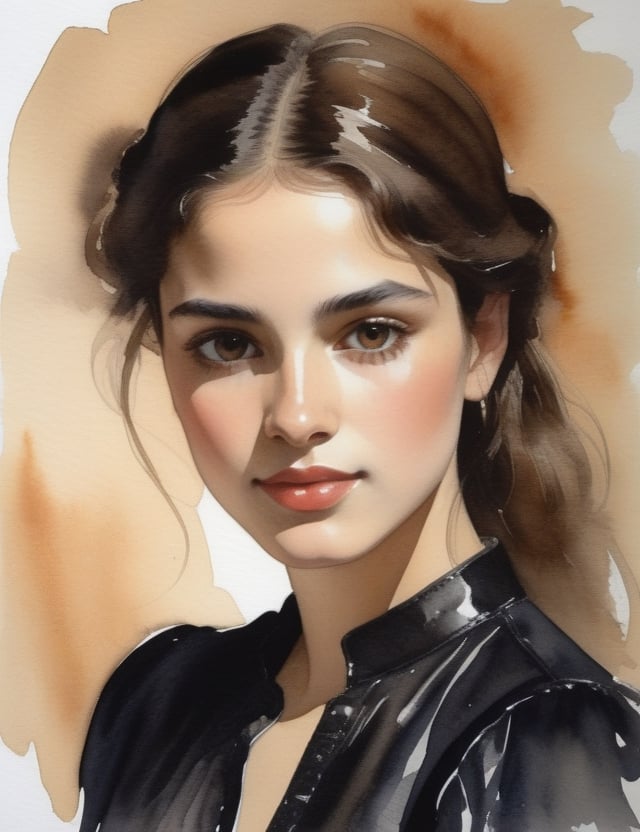 "Craft a watercolor painting portraying a beautiful 19-year-old Brazilian woman. Capture the grace of her light brown complexion, dark brown eyes, and the elegance of her black leather blouse in a close-up of her face. Emphasize soft details to evoke a sense of tropical charm. Draw inspiration from watercolor artists like Winslow Homer, Mary Cassatt, and John Singer Sargent, known for their ability to infuse life and subtlety into their aquarelle works."

