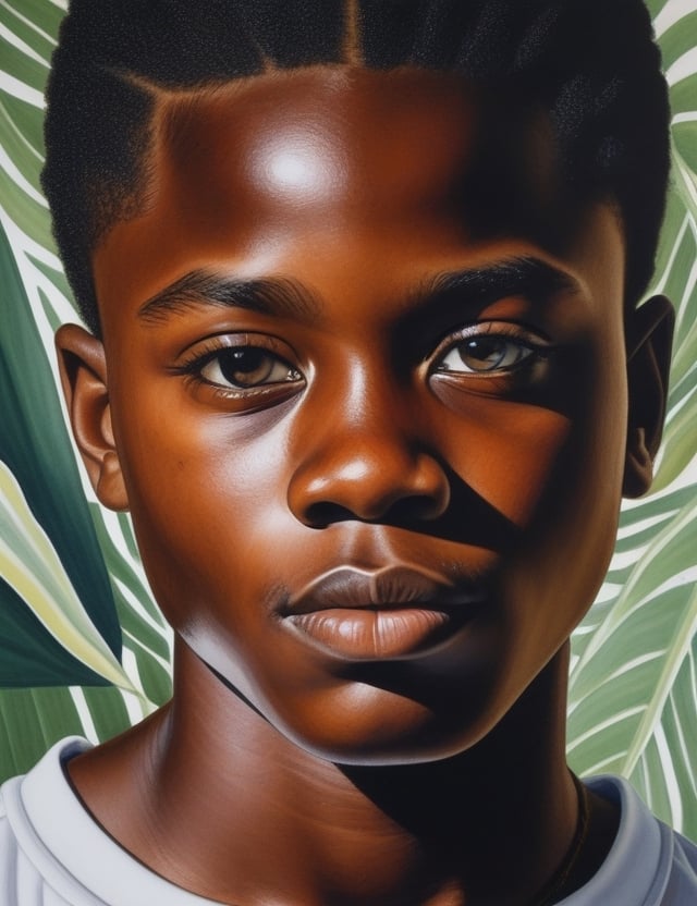 Create a powerful watercolor artwork on canvas featuring a 15-year-old African boy. Highlight his deep black skin tone and tightly curled, close-cropped hair in a close-up of his face. Infuse expressive details reminiscent of Kadir Nelson's emotionally charged watercolor techniques, ensuring superior quality and extreme attention to facial features. Capture the impactful style seen in Toyin Ojih Odutola's portraits for a unique blend of intensity and storytelling, drawing inspiration from the powerful realism of Donte McAdams to deliver a compelling and detailed artistic representation.

