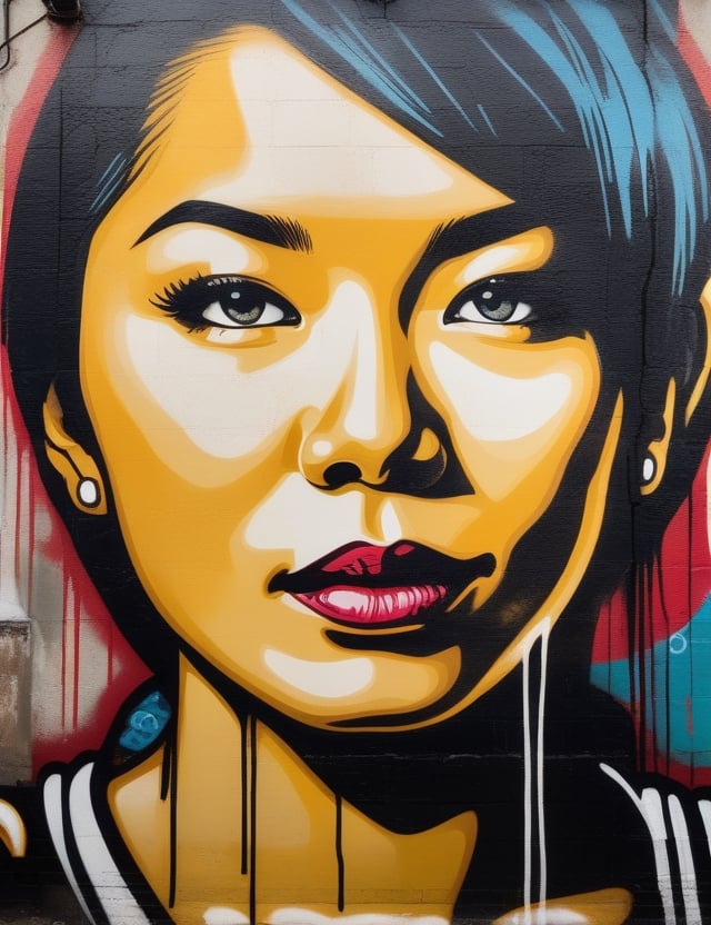 "Create a vibrant wall graffiti portraying a beautiful 20-year-old Asian woman. Capture the urban modernity with her fair complexion, short blonde hair, and the dazzling black shiny dress she wears. Focus on a close-up of her face, bringing out the lively expression. Draw inspiration from graffiti artists like Banksy, Os Gêmeos, and Shepard Fairey, known for their ability to infuse energy and vibrancy into urban settings through impactful and visually striking works."

