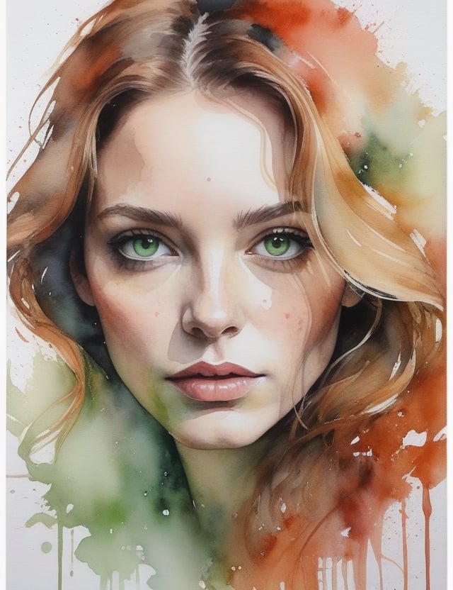 Create a captivating watercolor splash art on canvas featuring a 40-year-old European woman. Her fair skin, green eyes, and slightly curly, wavy hair should be depicted in a close-up of her face. Infuse the artwork with the intricate details reminiscent of Agnes Cecile's watercolor technique, ensuring superior quality and extreme attention to facial features. Channel the essence of Anna Cattish's portraiture for a unique blend of realism and emotion, inspired by the exquisite and detailed style of Helene Delmaire.

