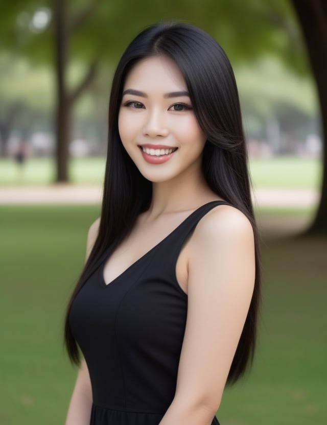 A photograph of a beautiful woman of Asian origin with long straight black hair and thick lips with a happy expression on her face, wearing a basic black dress and a white skin tone and dark brown eyes, background of the image in a park.
