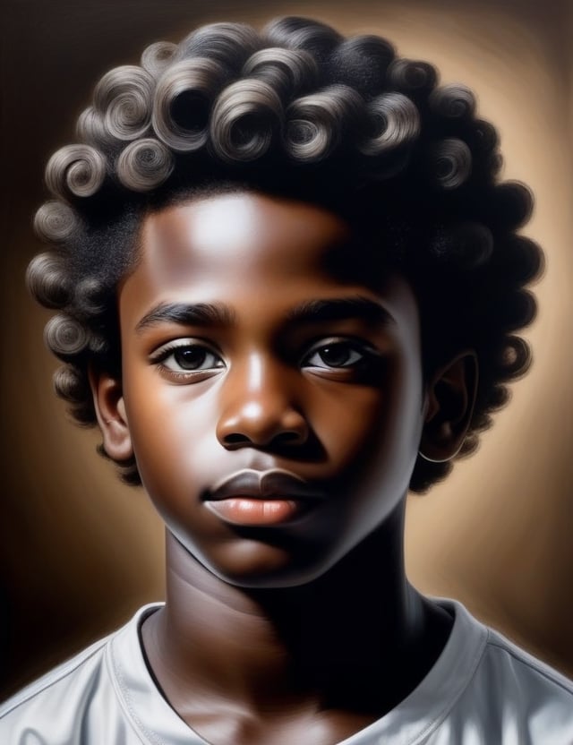 Create a striking wall graffiti artwork portraying a 12-year-old boy from Nigeria using graphite. Pay meticulous attention to detail, capturing the deep, dark black skin tone and the wavy, tightly coiled texture of his hair. The composition should be a close-up of his face, highlighting the unique features of his complexion and the distinct curls of his hair. Use the graphite medium to convey the subtleties of his expression, ensuring a lifelike and expressive representation.

