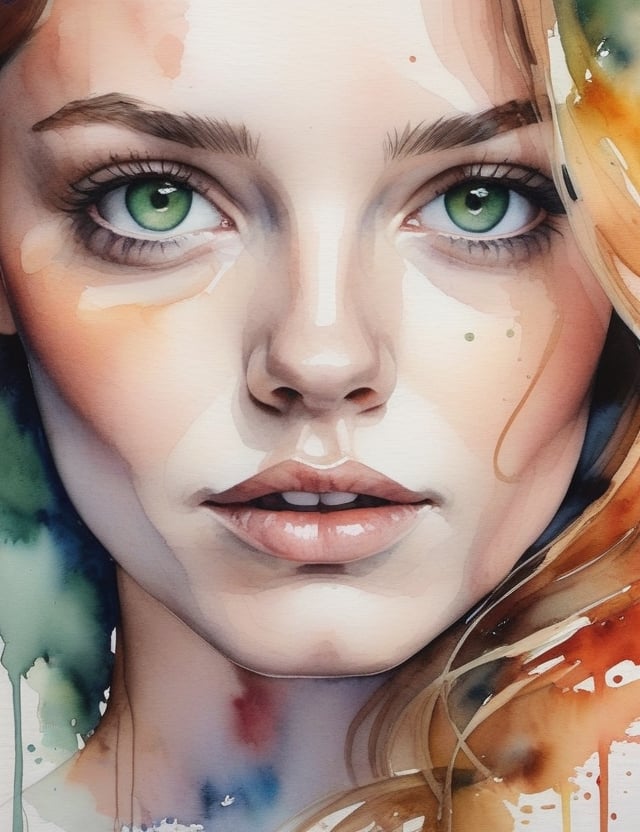 Create a captivating watercolor splash art on canvas featuring a 40-year-old European woman. Her fair skin, green eyes, and slightly curly, wavy hair should be depicted in a close-up of her face. Infuse the artwork with the intricate details reminiscent of Agnes Cecile's watercolor technique, ensuring superior quality and extreme attention to facial features. Channel the essence of Anna Cattish's portraiture for a unique blend of realism and emotion, inspired by the exquisite and detailed style of Helene Delmaire.


